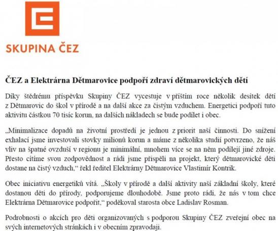 ČEZ a Elektrárna Dětmarovice podpoří zdraví dětmarovických dětí